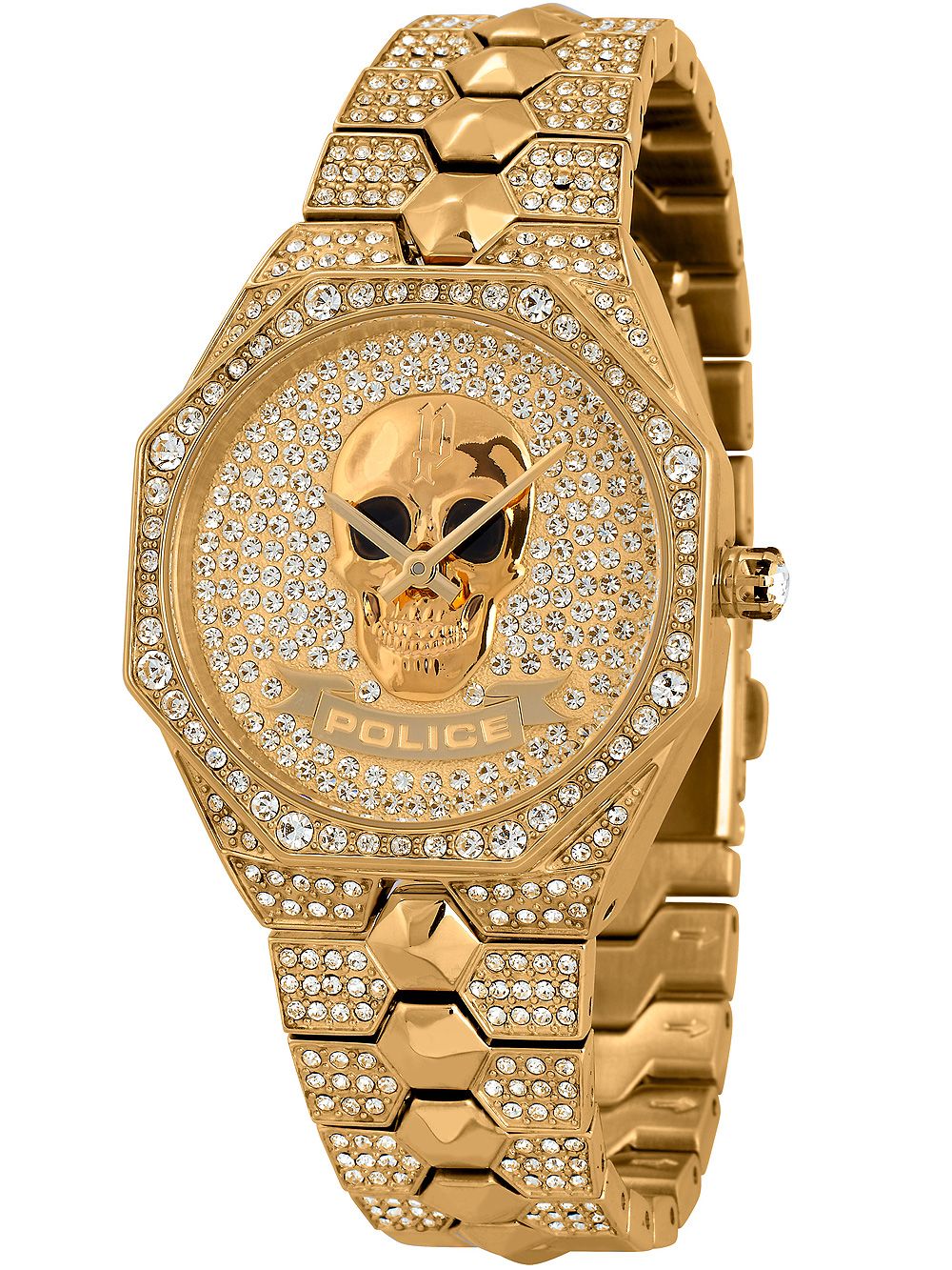 Goldfarbene Damenuhr mit Strass-Lünette, Totenkopf-Zifferblatt und Metallarmband