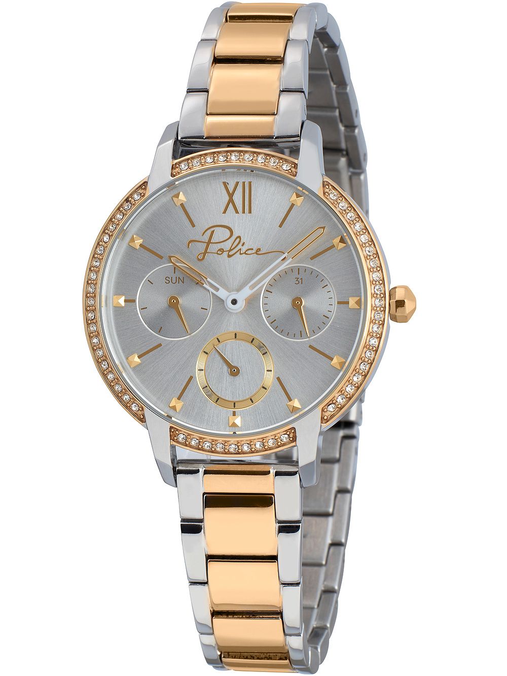 Bicolor Damenarmbanduhr mit silbernem/goldfarbenem Metallband, runder Lünette mit Strass