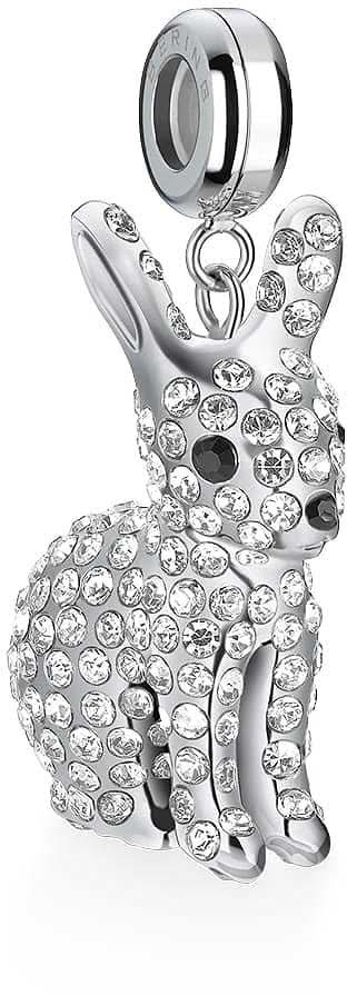 Charm Bering en acier inoxydable, pendentif lapin debout avec pierres scintillantes et passant