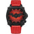 Herrenuhr mit rotem Lederarmband, schwarzem Gehäuse und Batman-Zifferblatt