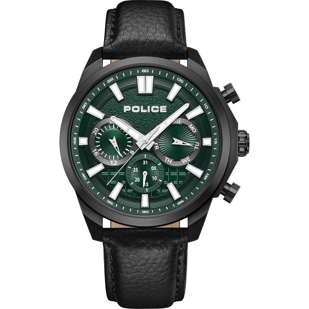 Police Herrenuhr mit grünem Zifferblatt, schwarzem Lederarmband und Datumsanzeige