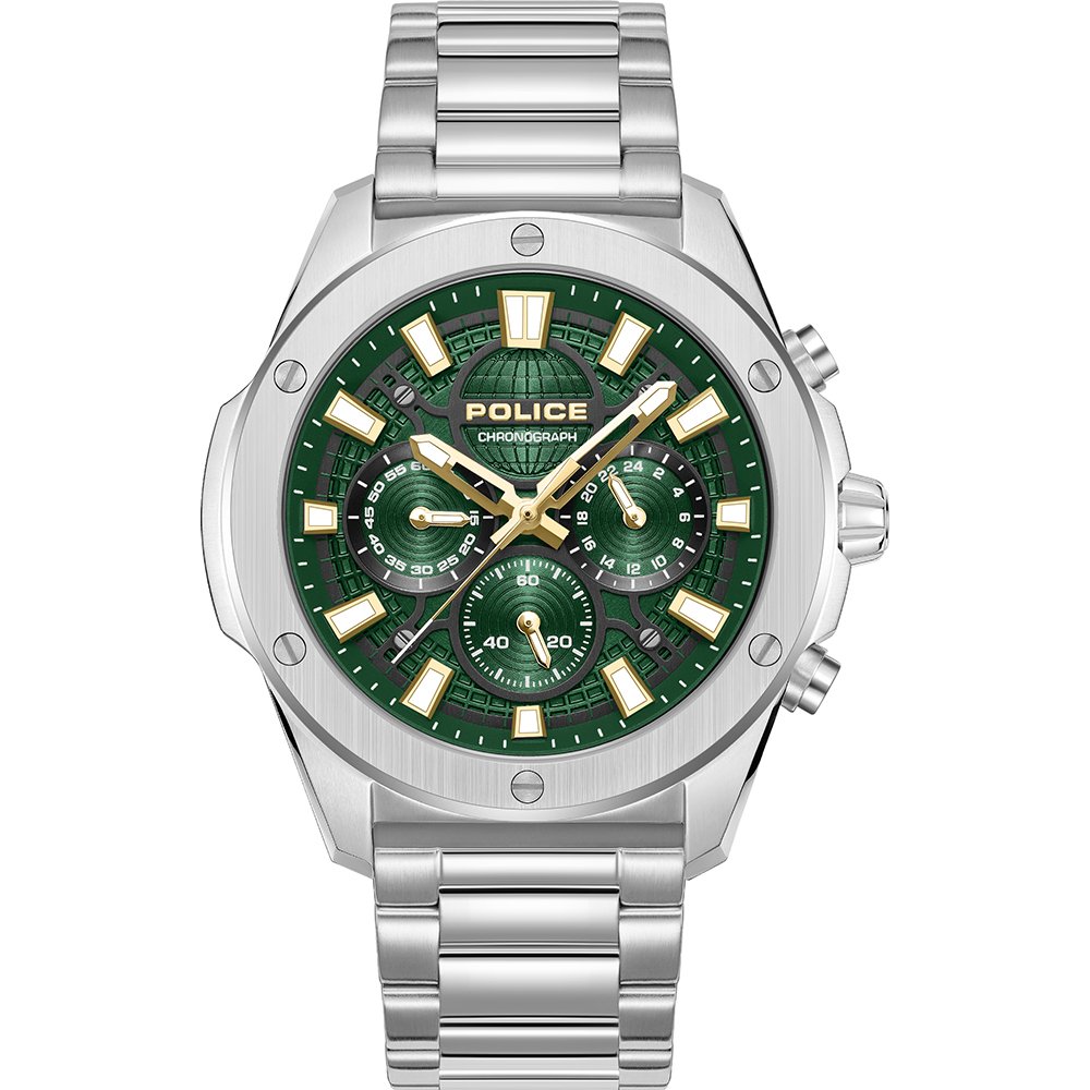 Herrenarmbanduhr mit grünem Zifferblatt und silbernem Edelstahlband, Quarz-Chronograph