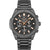 Schwarze Herrenuhr mit Chronographenzifferblatt, orange Markierungen und Metallarmband