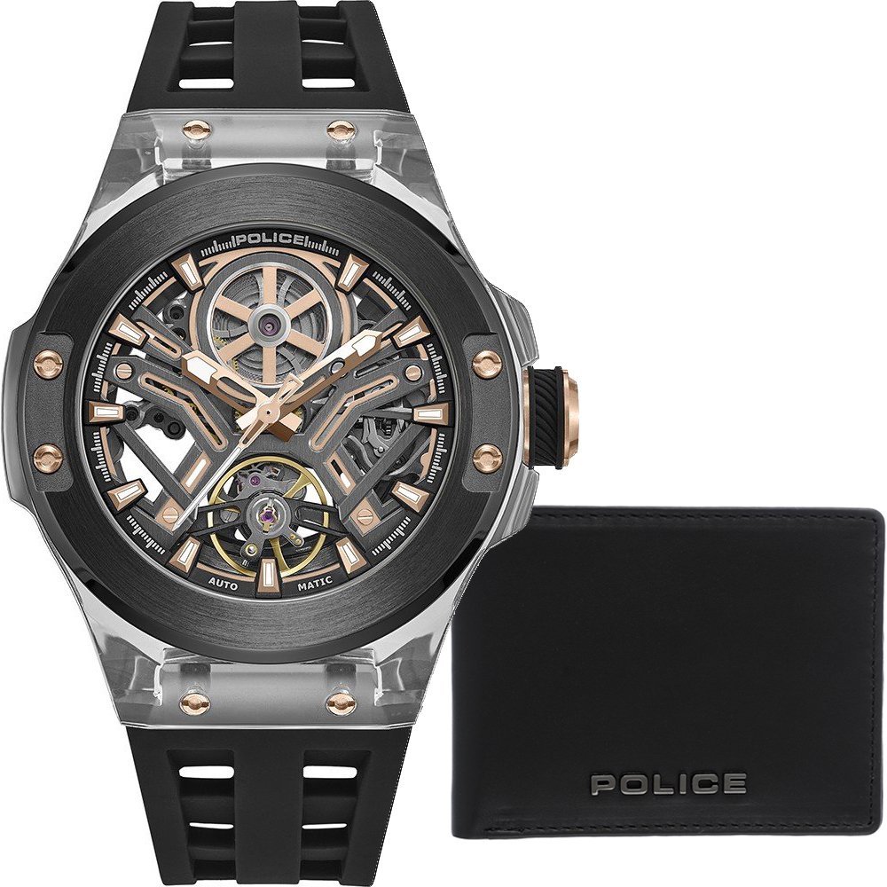 Herrenarmbanduhr-Set mit skelettiertem Zifferblatt, schwarzem Armband und Geldbörse POLICE