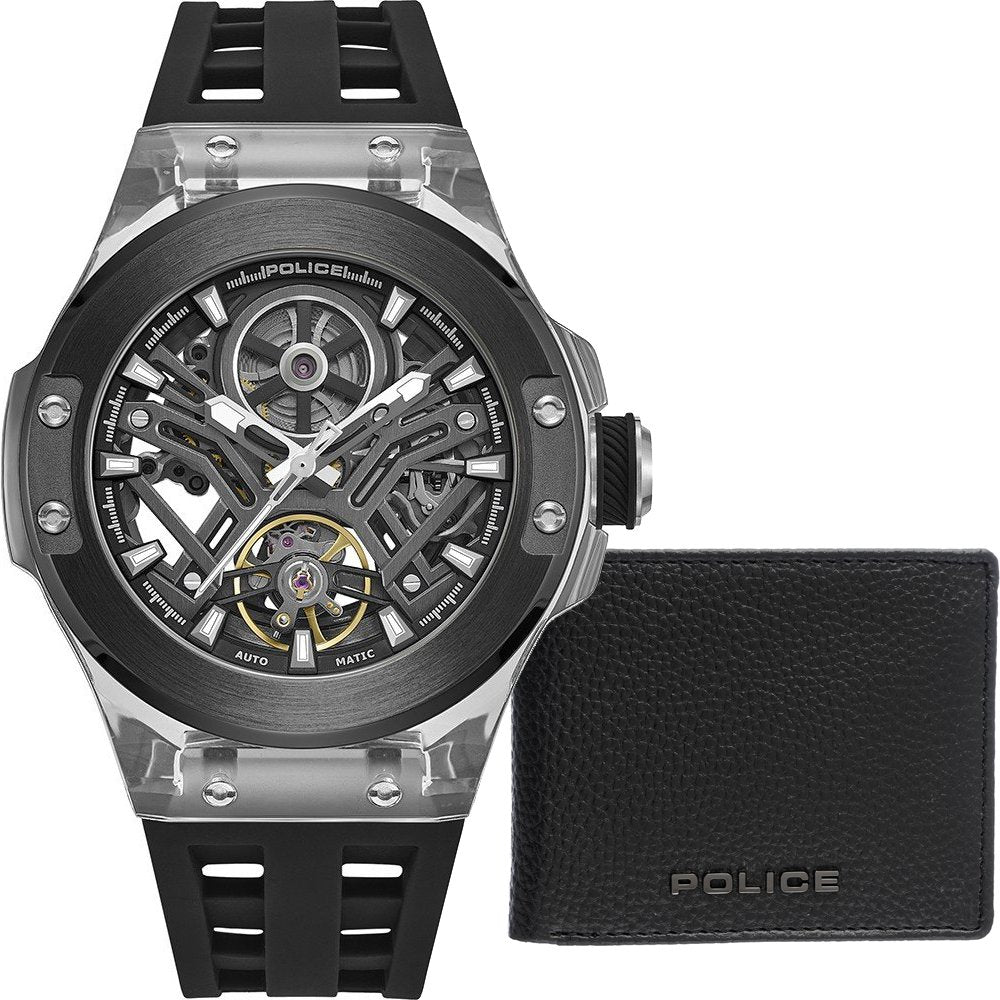 Herrenuhr-Set mit skelettiertem Zifferblatt, schwarzem Armband und POLICE-Geldbörse