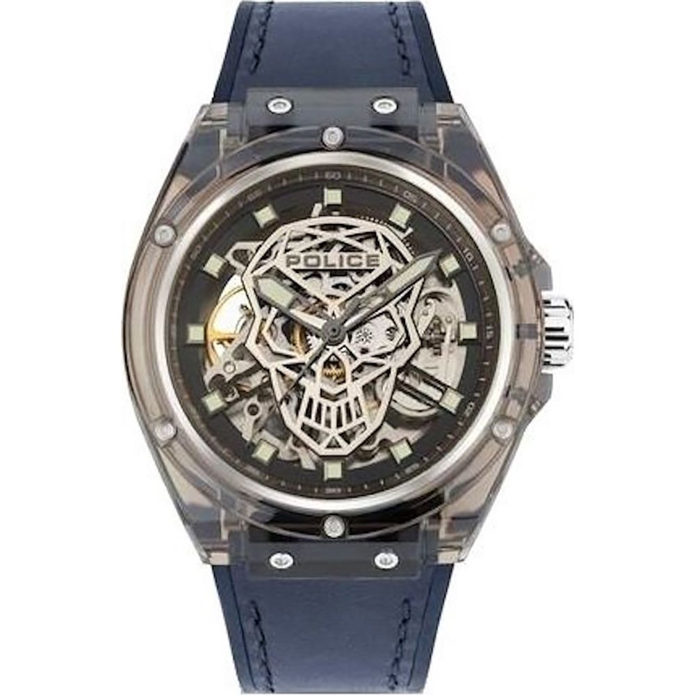 Herrenarmbanduhr mit transparentem Ziffernblatt, sichtbarem Automatikwerk und blauem Band
