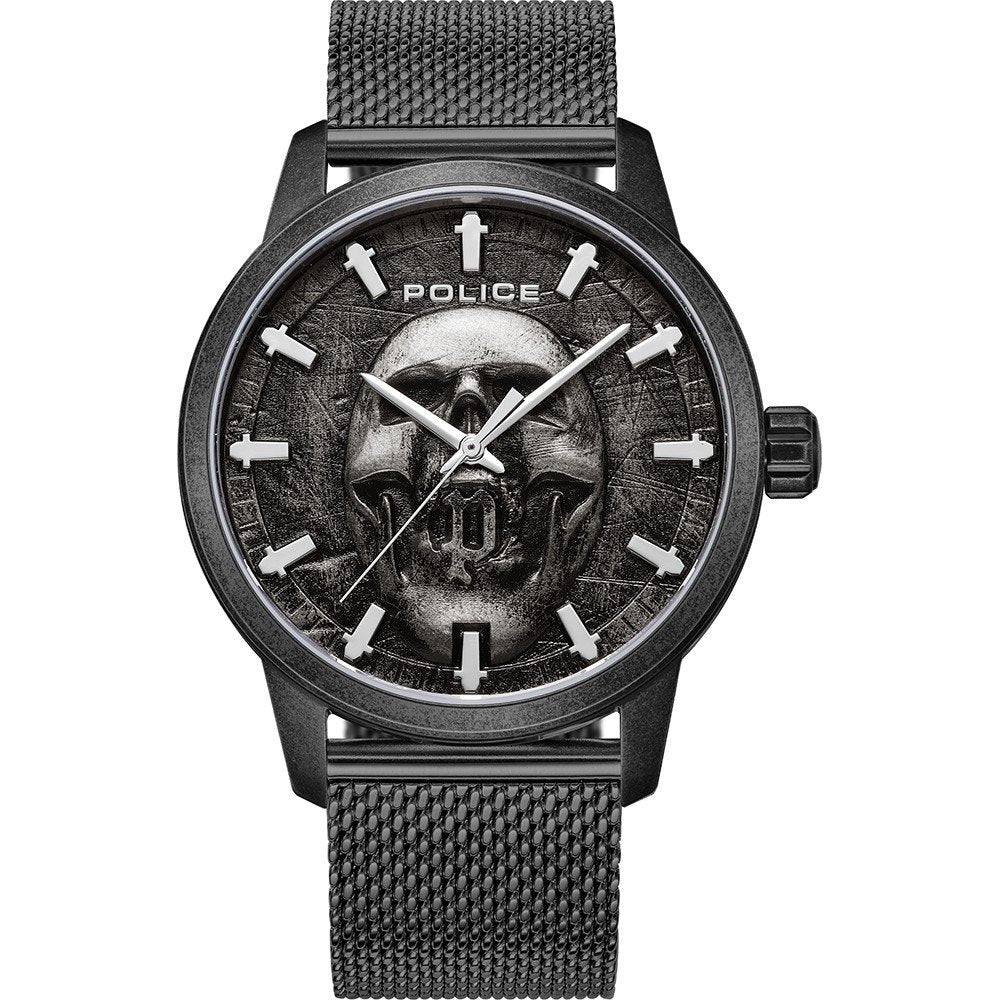 Herrenuhr mit Totenkopf-Zifferblatt und schwarzem Milanaise-Armband