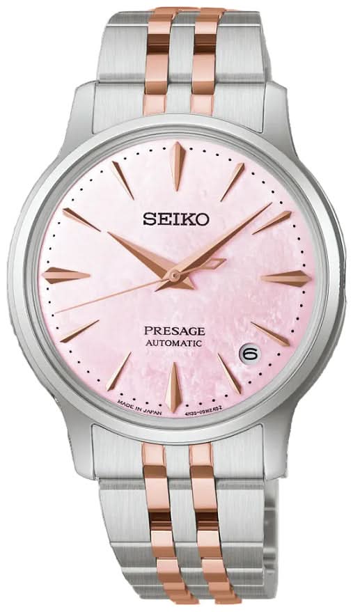 Seiko Presage Montre femme avec cadran nacré rose, accents or rose et bracelet en métal