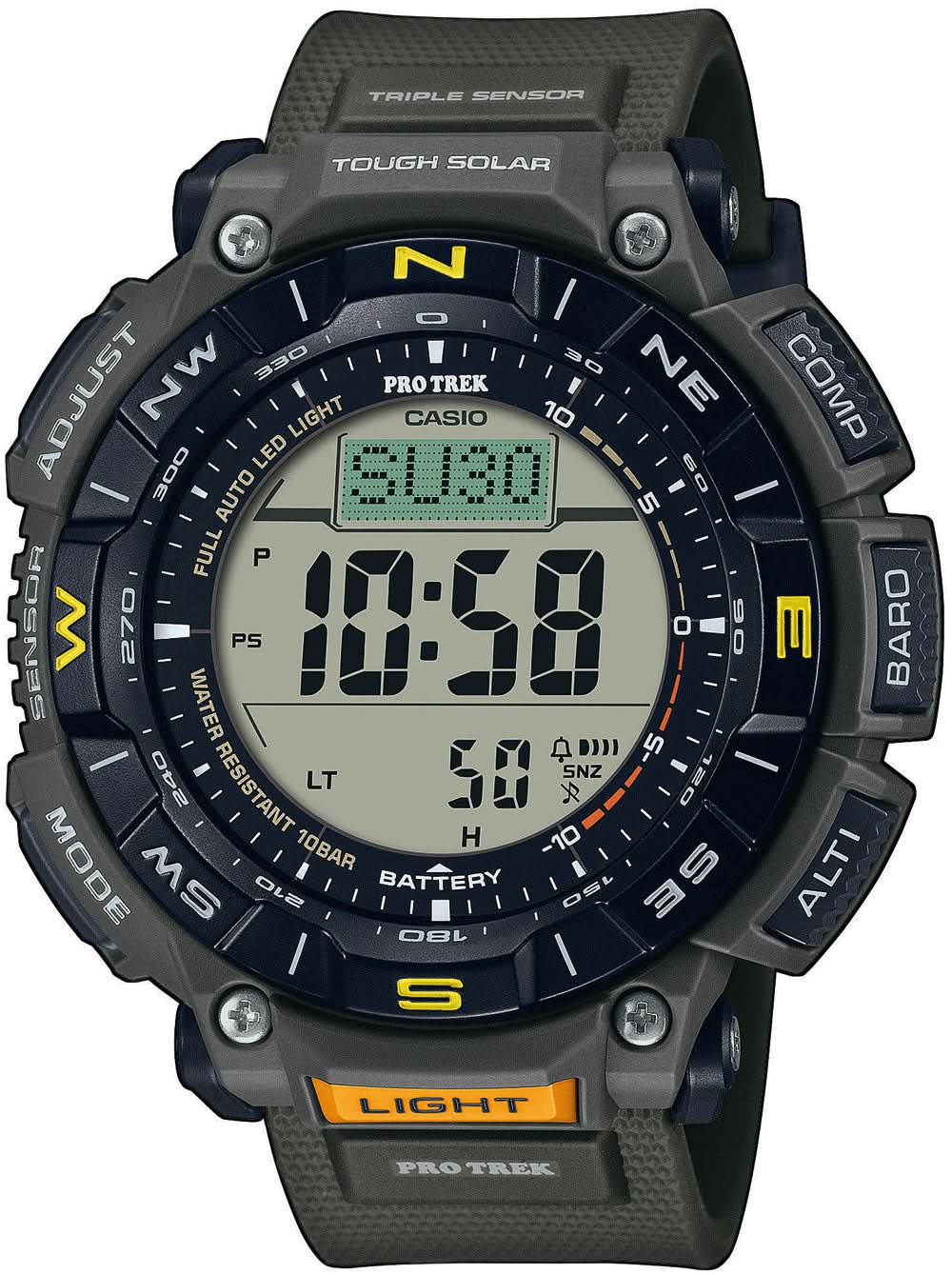 Montre homme avec affichage numérique Tough Solar, bracelet vert foncé, boîtier noir.