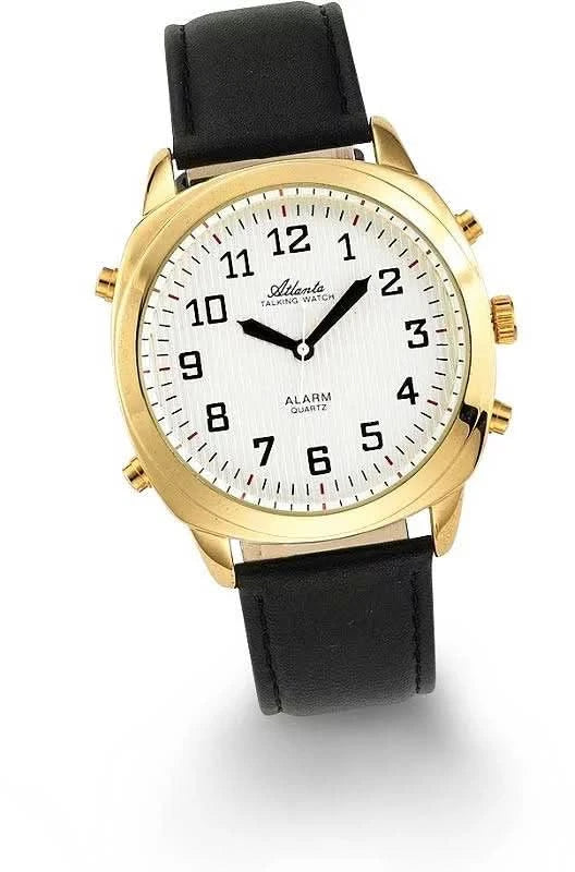 Seniorenuhr mit goldenem Gehäuse, weißem Zifferblatt, schwarzem Lederband und Alarmanzeige.