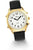Seniorenuhr mit goldenem Gehäuse, weißem Zifferblatt, schwarzem Lederband und Alarmanzeige.