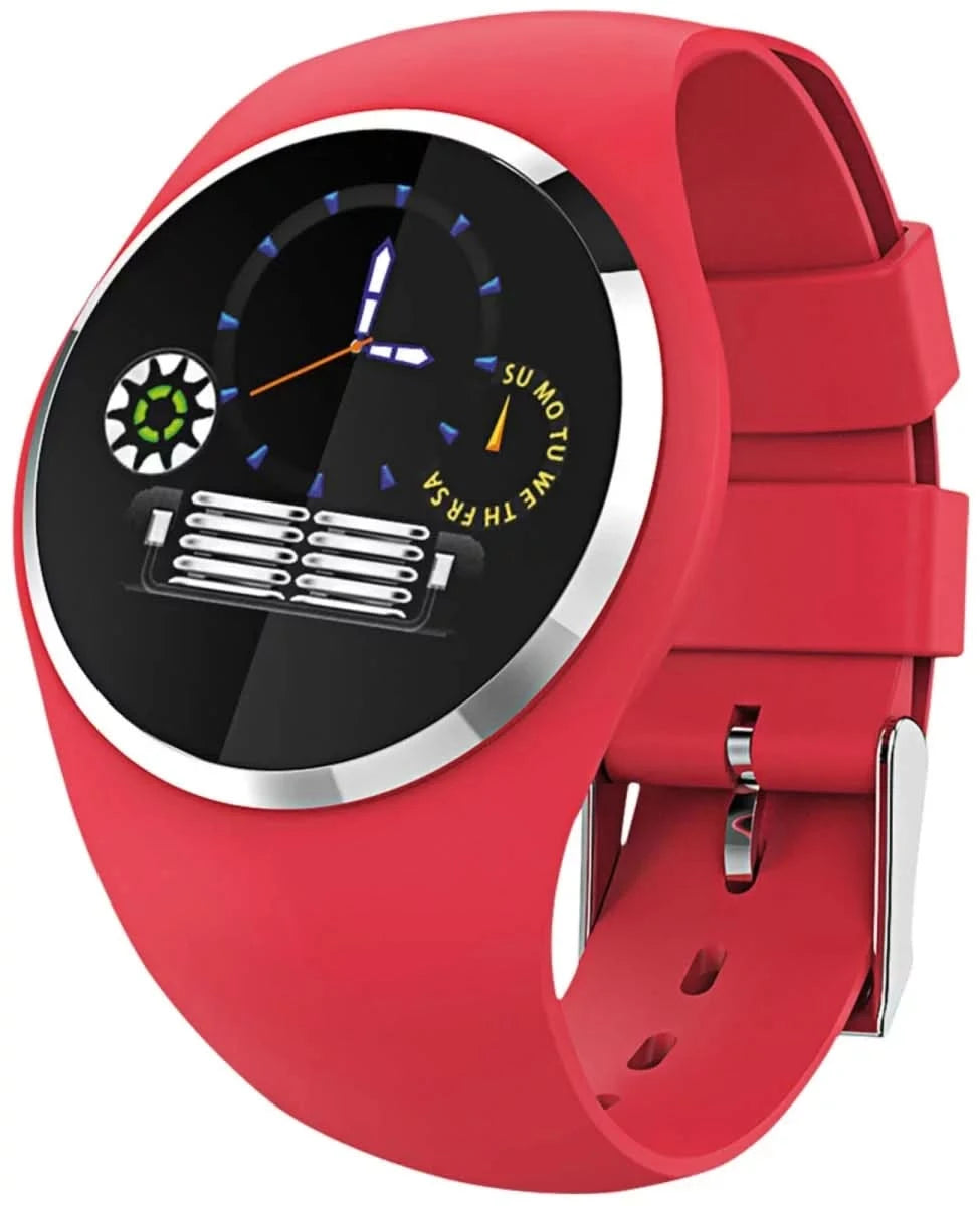 Montre connectée avec bracelet en silicone rouge et cadran noir avec bordure argentée
