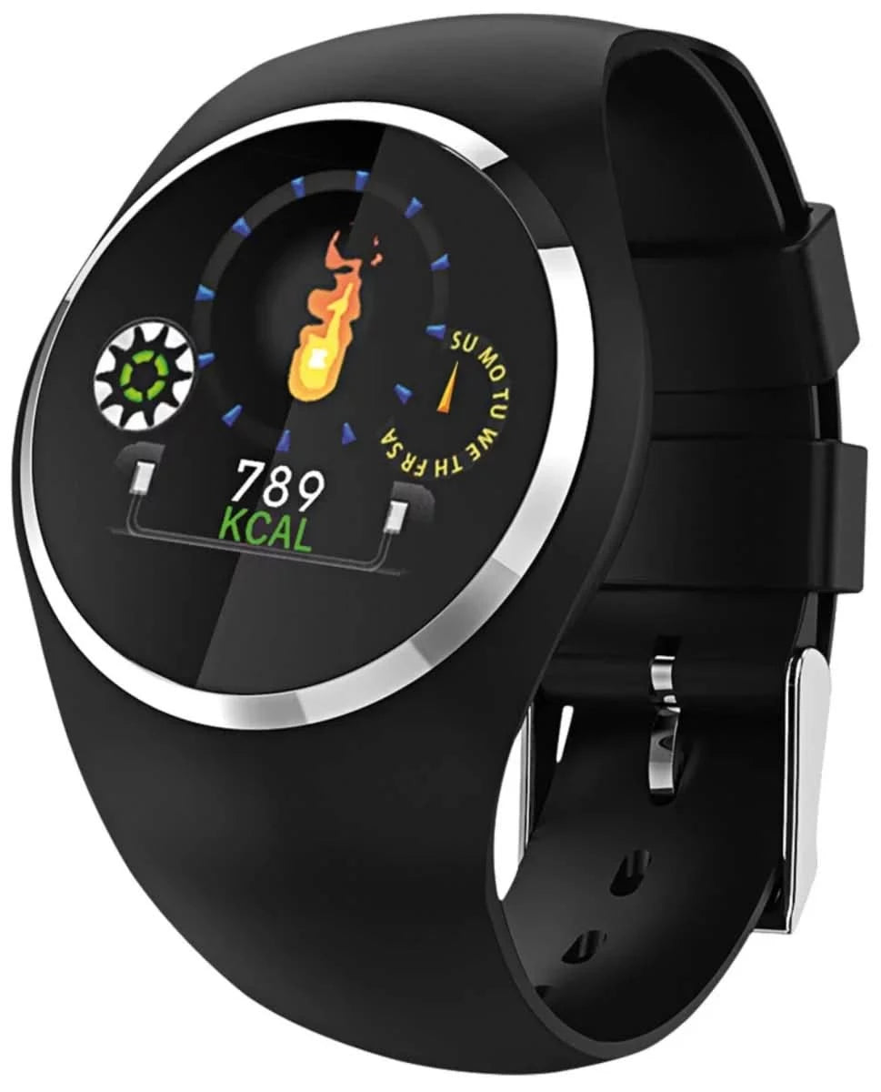 Montre connectée noire avec écran rond et bracelet en silicone, boutons sur le côté droit