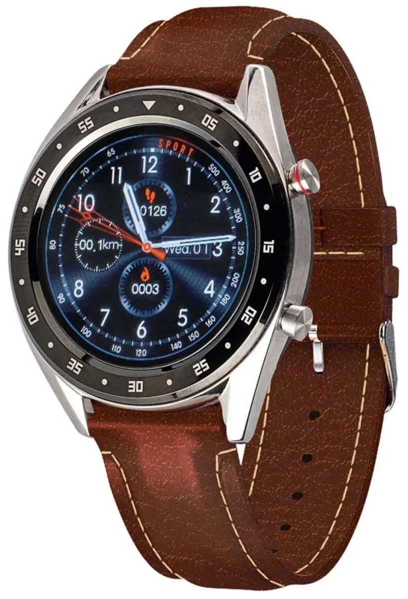 Montre connectée avec boîtier rond et bracelet en cuir marron, écran sombre
