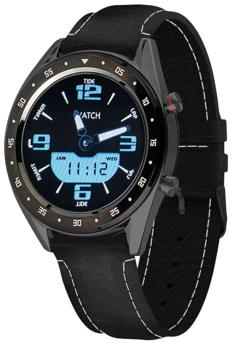 Montre connectée noire avec boîtier rond et bracelet noir, cadran avec affichage