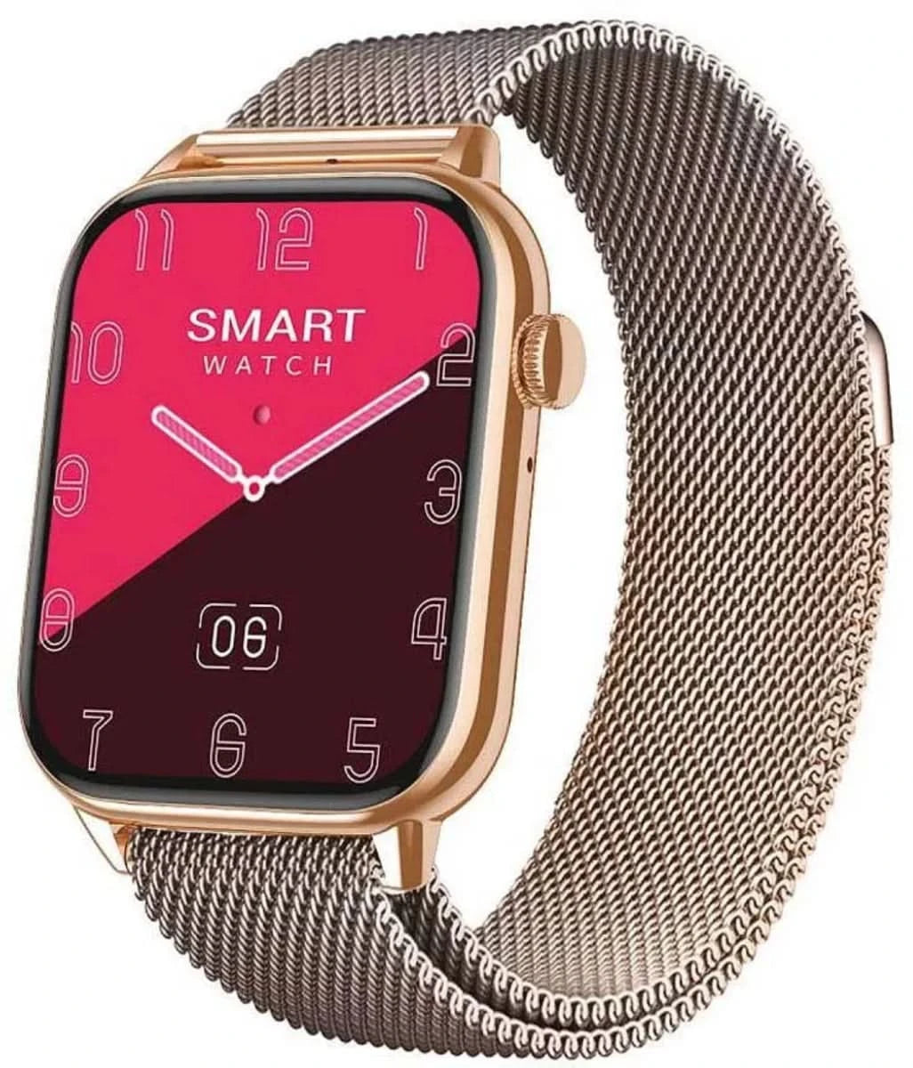 Smartwatch mit rosa Display und roségoldfarbenem Gehäuse, Metall-Mesh-Armband