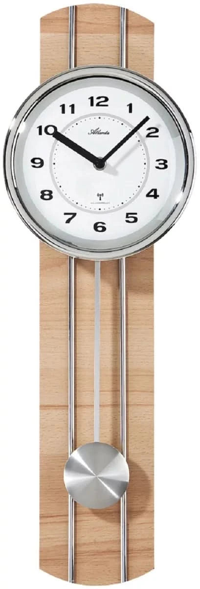 Horloge murale avec cadran rond, boîtier en bois et pendule argentée