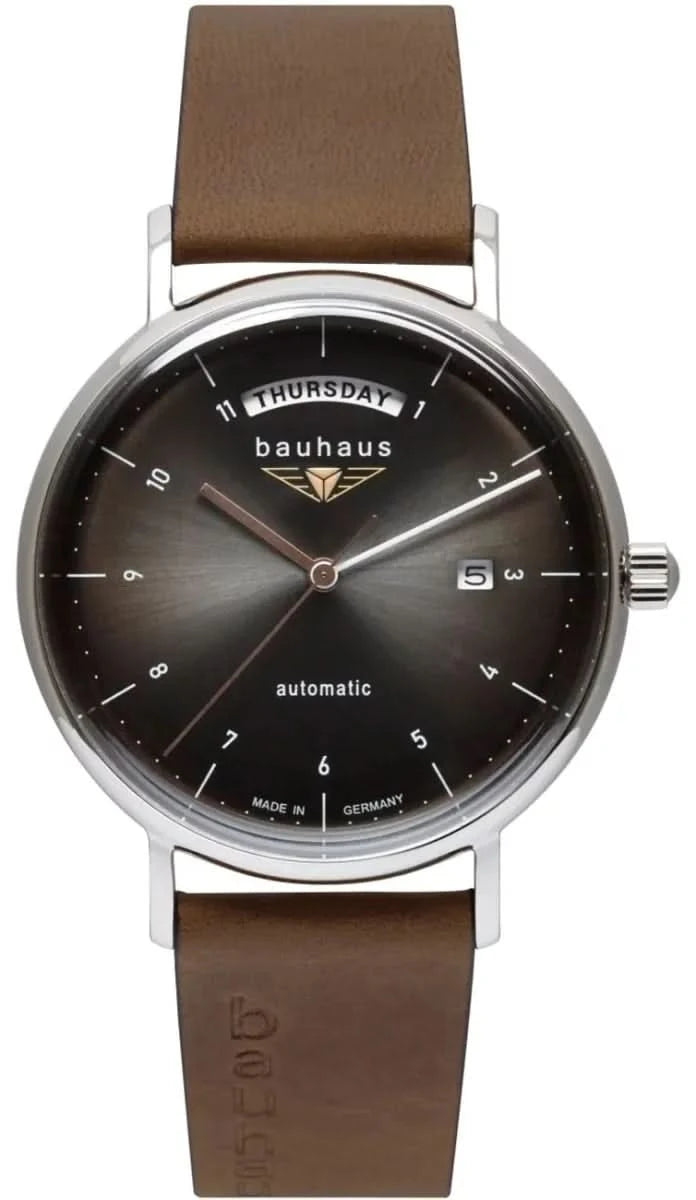 Montre automatique pour homme avec bracelet en cuir marron, boîtier argenté et cadran sombre
