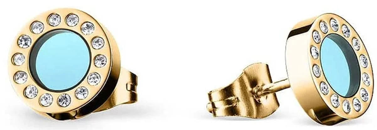 Puces d'oreilles rondes dorées avec pierre bleu clair et bordure scintillante en strass, paire