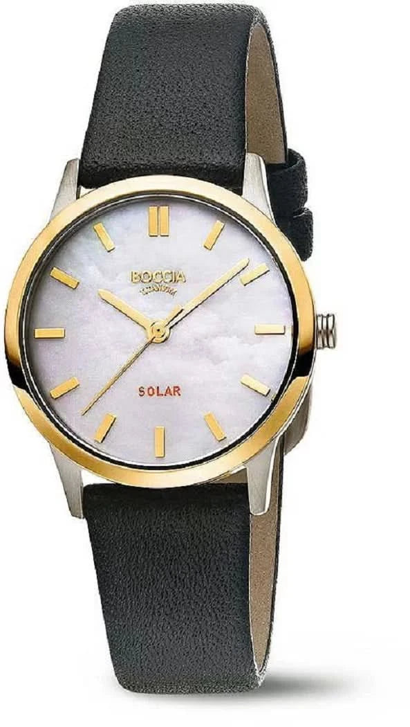 Boccia Montre Femme avec bracelet en cuir noir, boîtier rond et cadran argenté