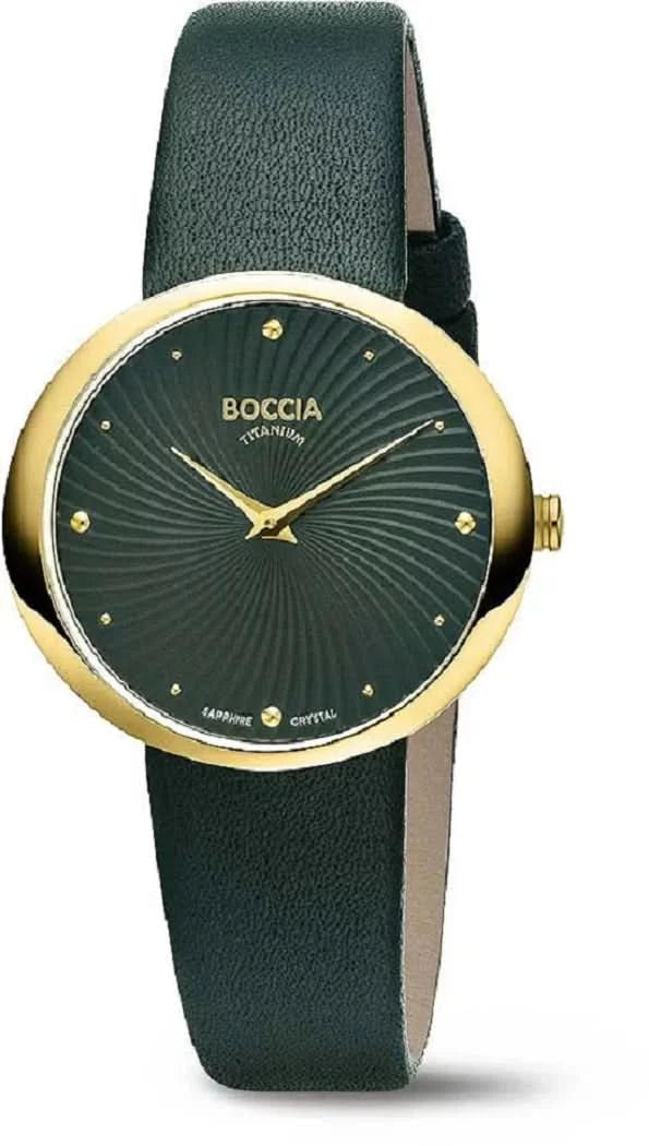 Montre Boccia pour femme avec bracelet en cuir vert, boîtier rond doré et cadran sombre