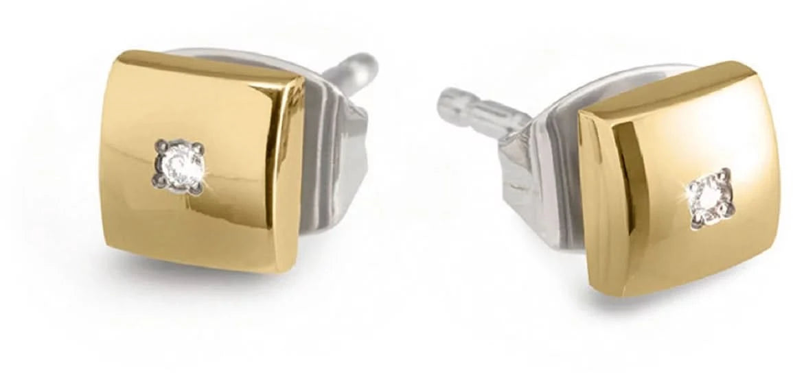 Boucles d'oreilles avec insert carré doré et petite pierre scintillante, monture argentée