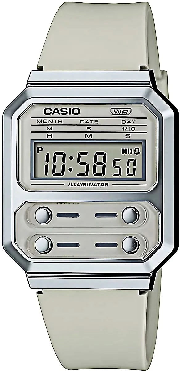 Montre numérique Casio avec écran rectangulaire, boîtier argenté et bracelet en silicone gris clair