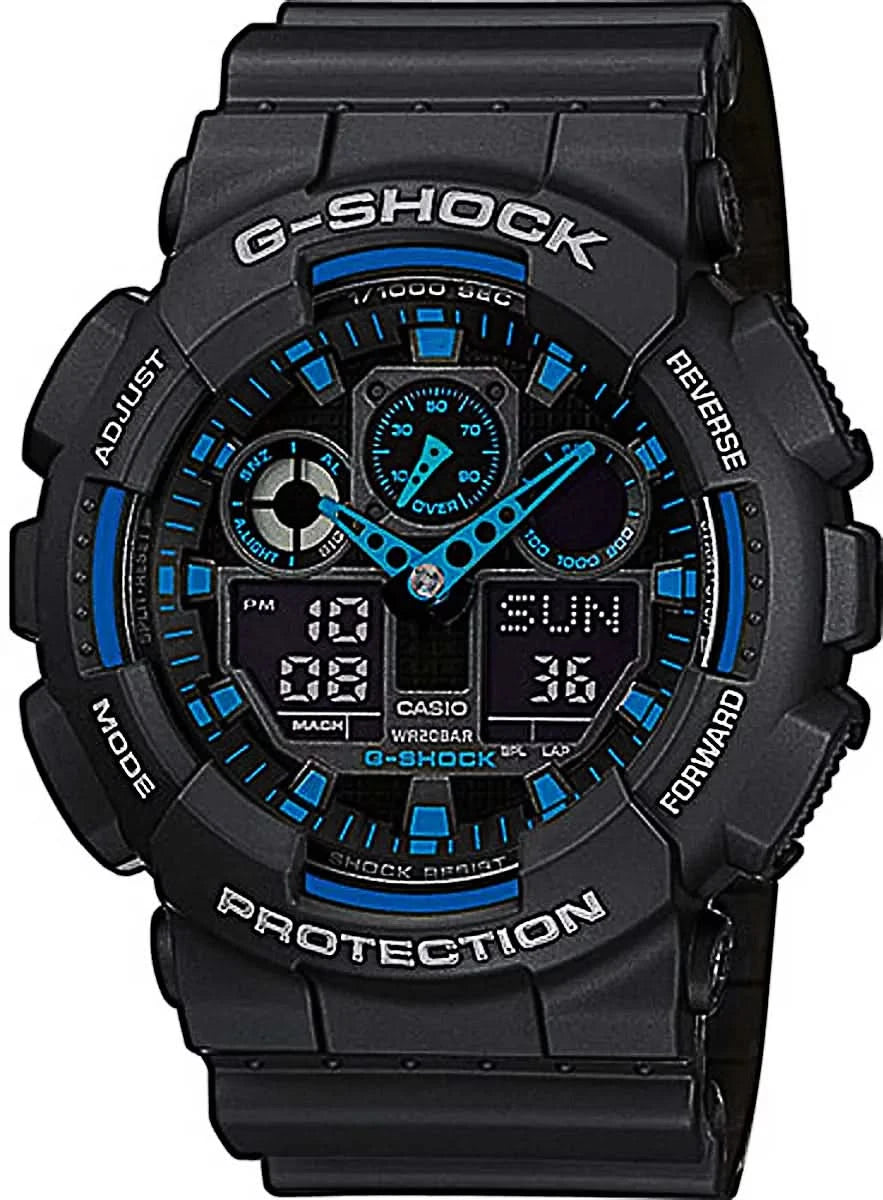 Casio G-Shock Herrenarmbanduhr mit schwarzem Gehäuse und blauem Zifferblatt