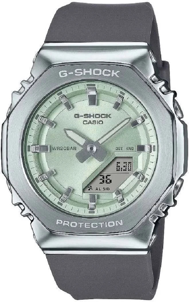 Montre pour femme avec cadran vert, boîtier en métal argenté et bracelet noir