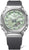 Montre pour femme avec cadran vert, boîtier métallique argenté et bracelet en caoutchouc noir