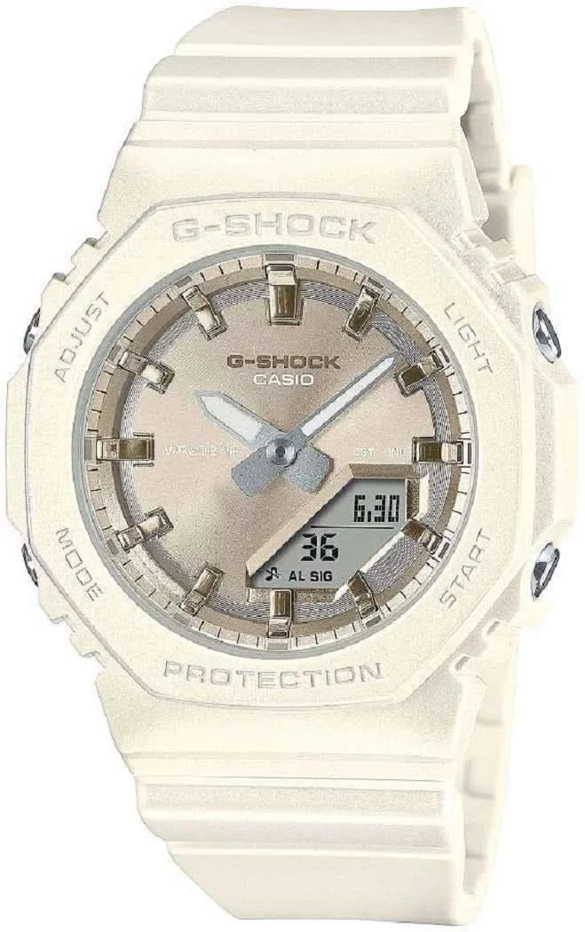 Montre Casio G-Shock pour femme avec bracelet blanc et cadran analogique, boîtier argenté