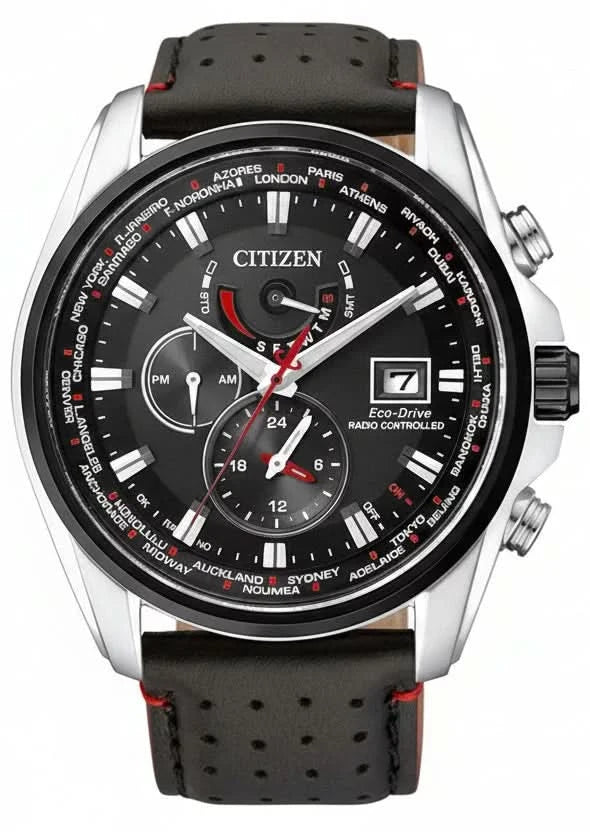 Citizen Herrenuhr mit schwarzem Ziffernblatt, Leuchtzeigern und schwarzem Lederband