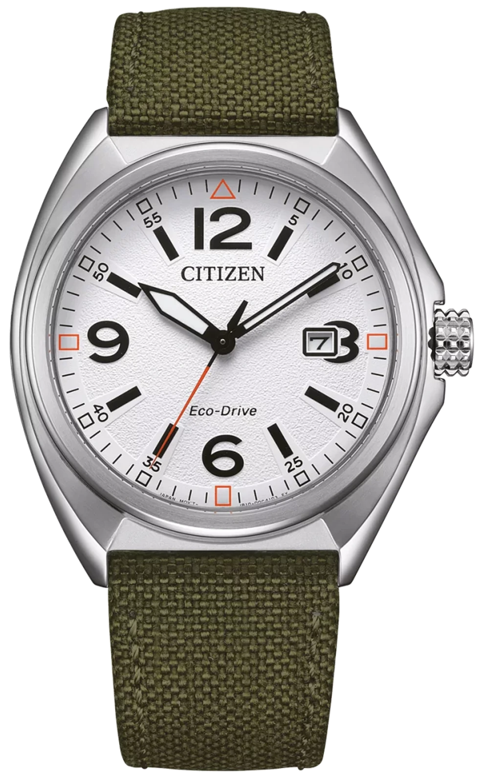 Herrenarmbanduhr mit grünem Textilarmband, silbernem Gehäuse und weißem Zifferblatt