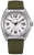 Herrenarmbanduhr mit grünem Textilarmband, silbernem Gehäuse und weißem Zifferblatt