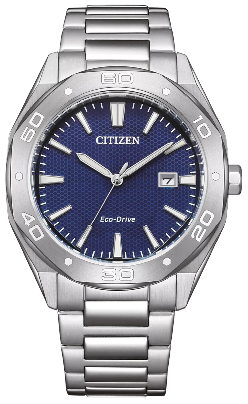 Montre homme avec cadran bleu et bracelet en acier inoxydable, date à 7 heures