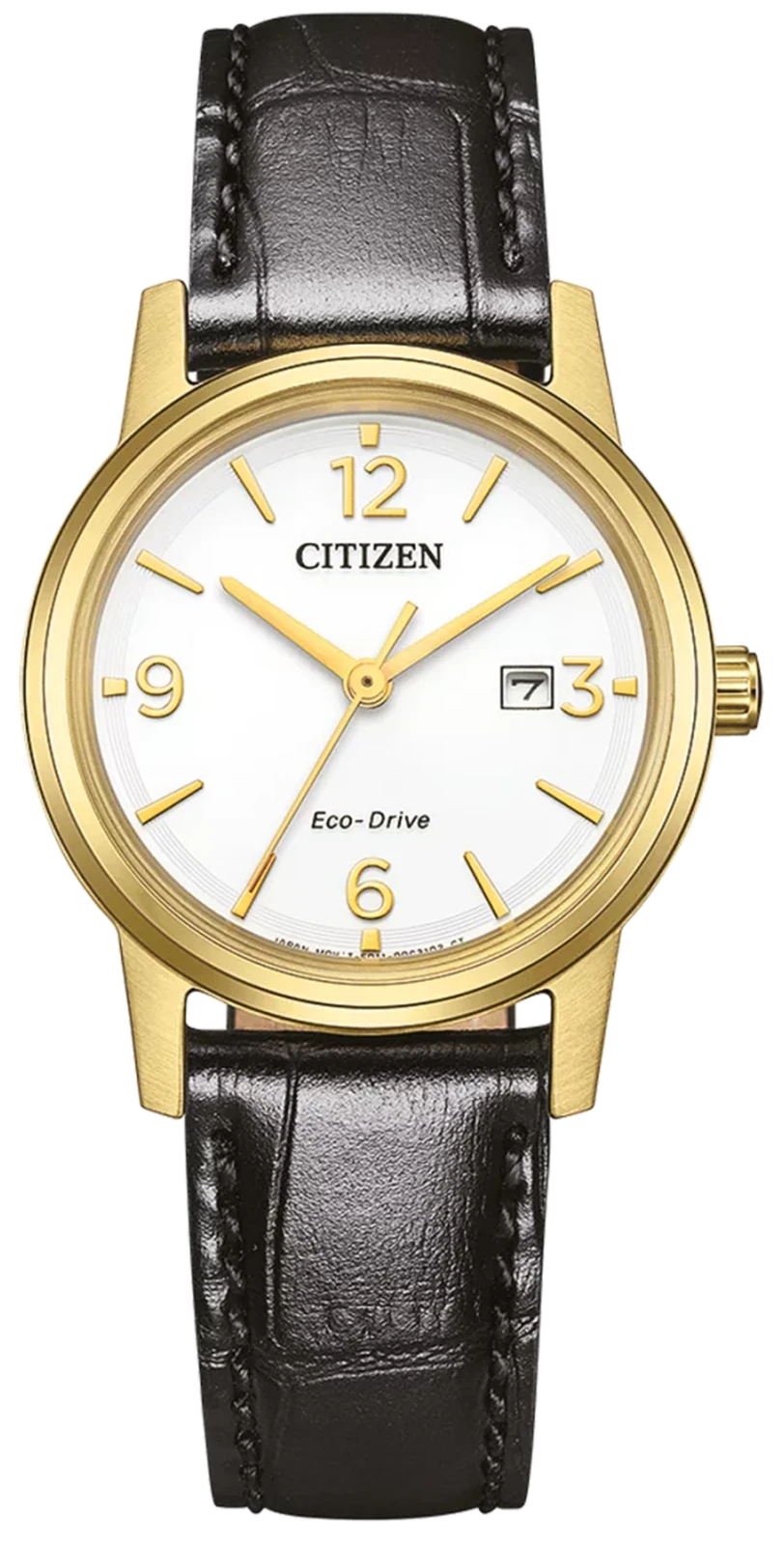 Montre pour femme avec bracelet en cuir noir, boîtier doré et cadran blanc