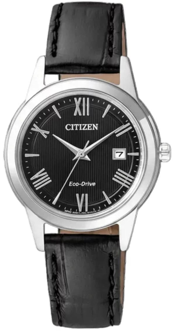 Damenuhr von Citizen mit schwarzem Zifferblatt, römischen Ziffern und Lederband