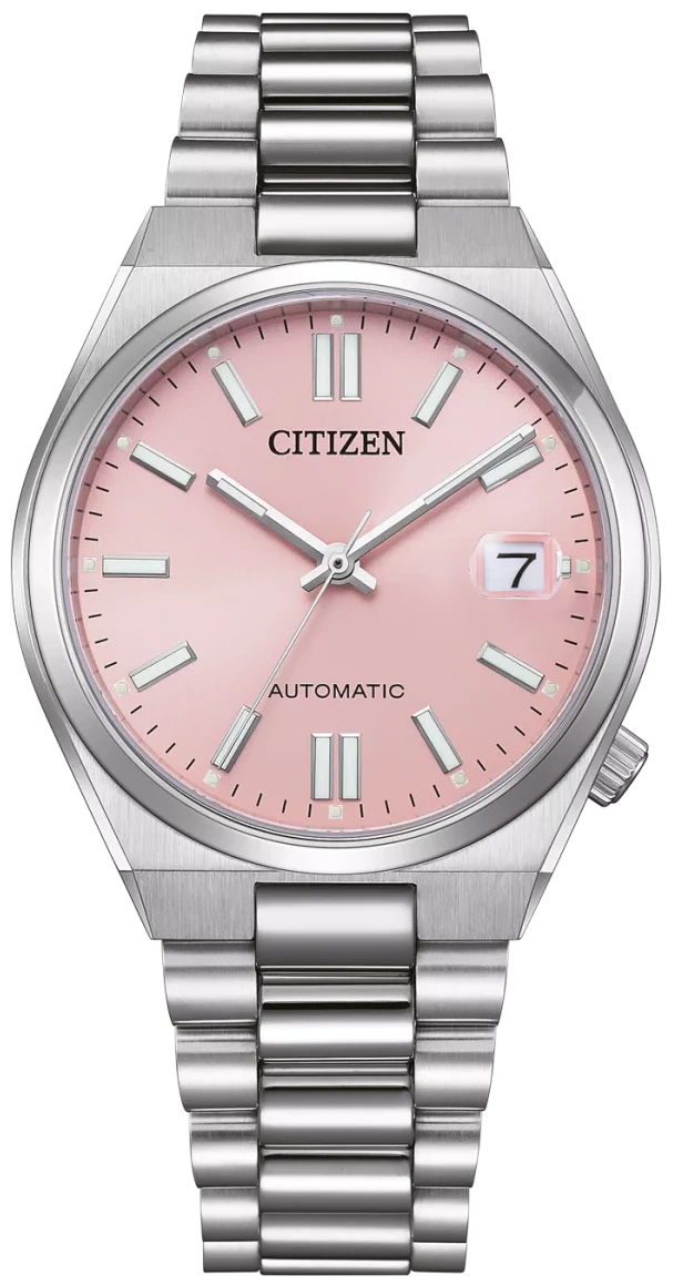 Montre pour homme avec bracelet en métal argenté et cadran rose, affichage automatique