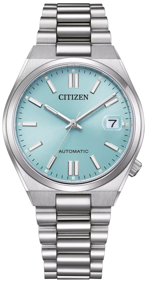 Montre homme avec bracelet en acier inoxydable argenté et cadran bleu, automatique, verre saphir