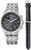 Herrenuhr mit Metallarmband, schwarzem Zifferblatt und zusätzlichem Lederarmband
