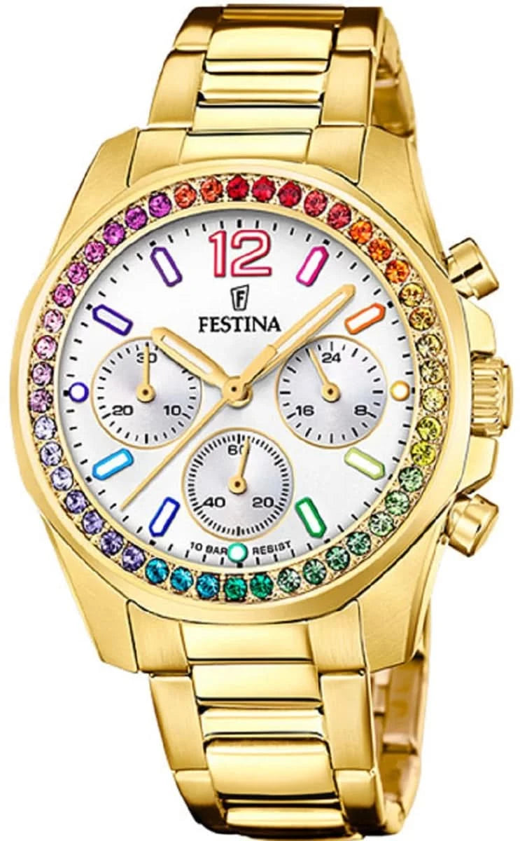 Montre Festina pour femme avec bracelet en métal doré, cadran blanc et lunette arc-en-ciel, quartz