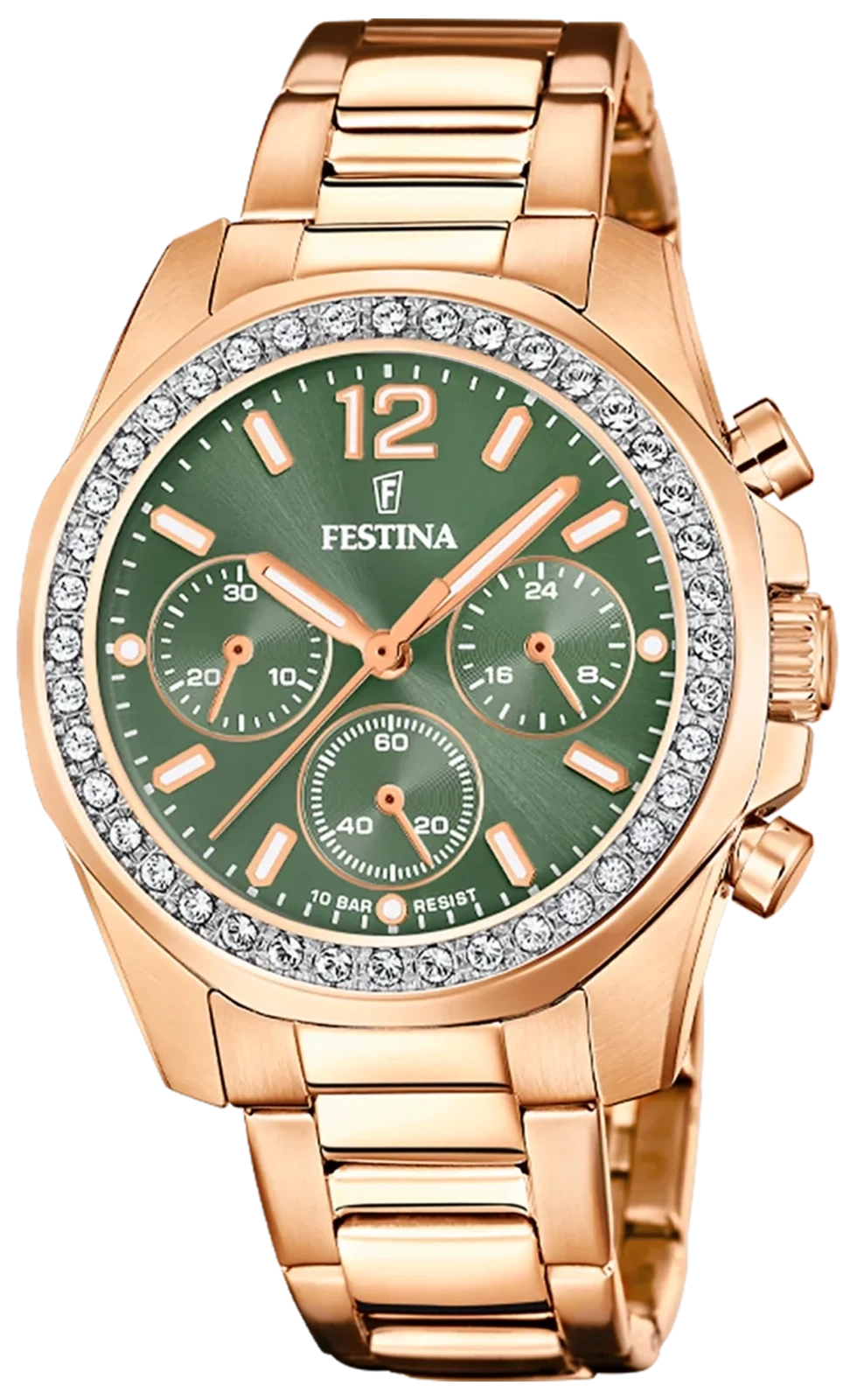 Montre pour femme avec bracelet en acier inoxydable couleur or rose, cadran vert et lunette ornée de pierres