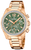 Montre pour femme avec bracelet en acier inoxydable couleur or rose, cadran vert et lunette ornée de pierres