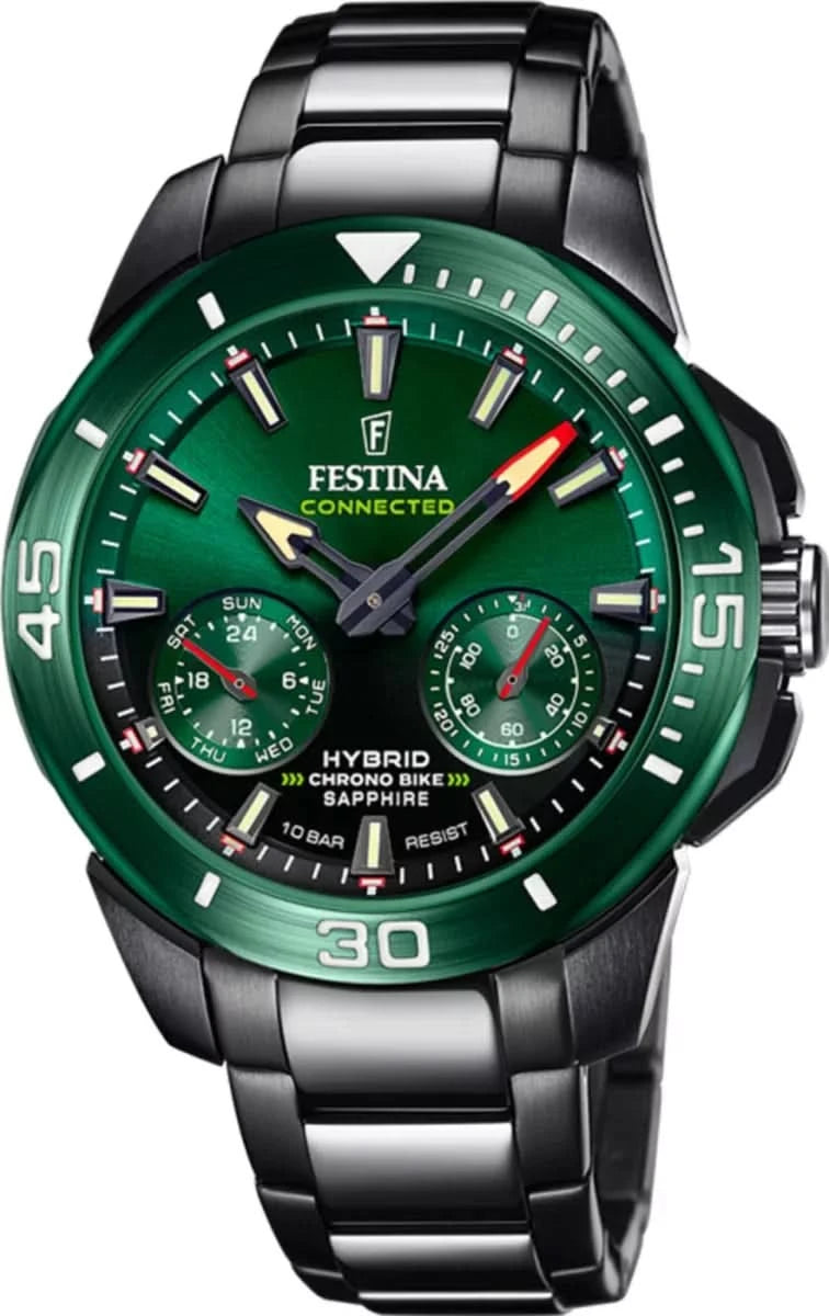 Montre Festina pour homme avec cadran vert, bracelet en métal noir et sous-cadrans chrono