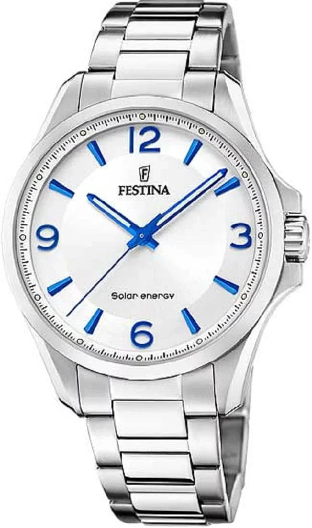 Montre solaire Festina pour homme en acier inoxydable avec cadran blanc, aiguilles bleues et bracelet en métal