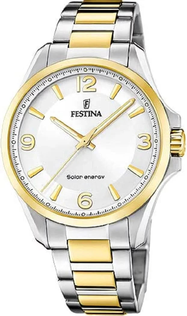 Montre Festina pour homme bicolore argent/or, cadran blanc, index, bracelet en métal