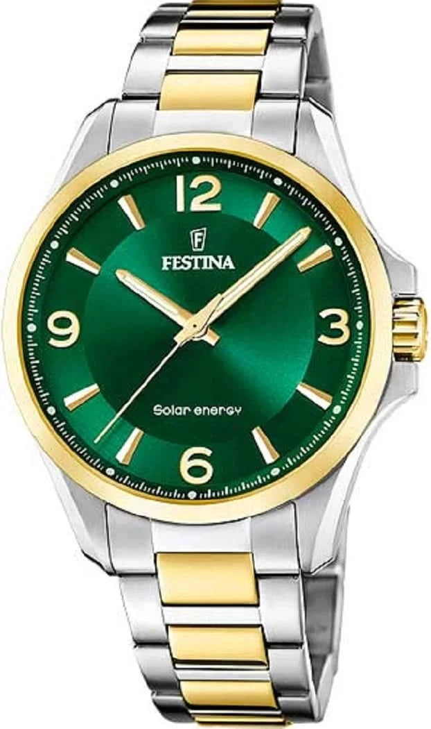 Montre solaire Festina pour homme, acier bicolore/or, cadran vert avec index et aiguilles