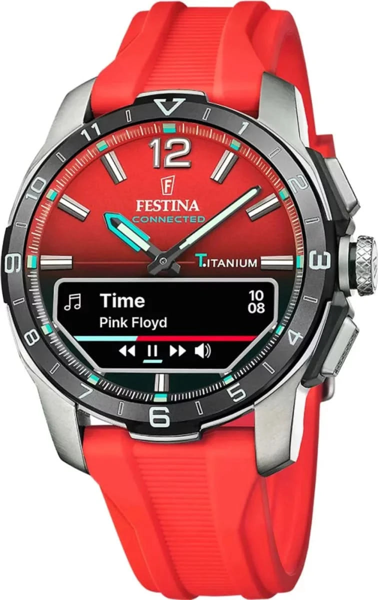 Montre connectée homme avec bracelet en silicone rouge et cadran noir, boîtier en titane