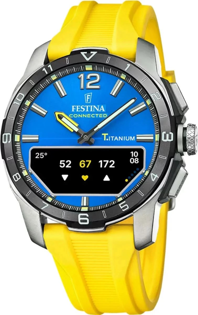 Bracelet de montre pour homme avec cadran bleu et bracelet en silicone jaune, boîtier en titane