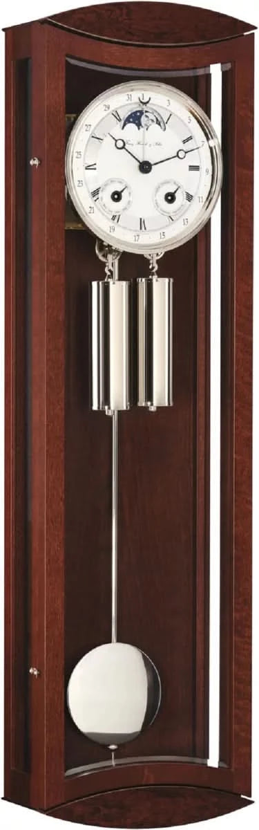 Holz-Wanduhr mit rundem Zifferblatt, Pendelgewichten und Säulenpendel-Optik, dunkles Holz
